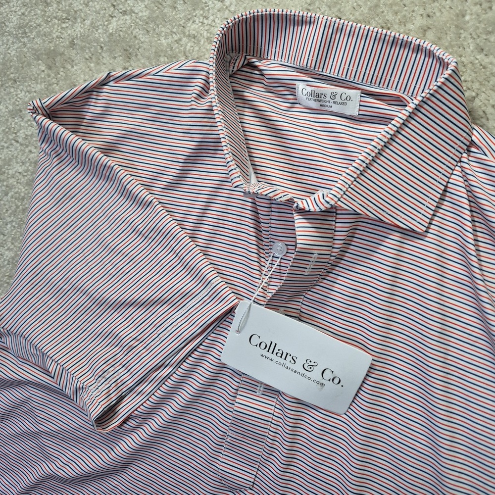 Collars and Co Dress Collar Polo Shirt Medium Relaxed Red Striped Featherweight